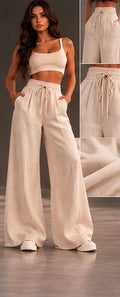 Pantalon Lin premium beige clair, porté de face avec vues de détail