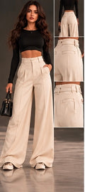 Pantalon Sofia beige, porté de face avec vues de détail
