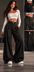 Pantalon Palazzo Milano noir, porté de face avec vues de détail