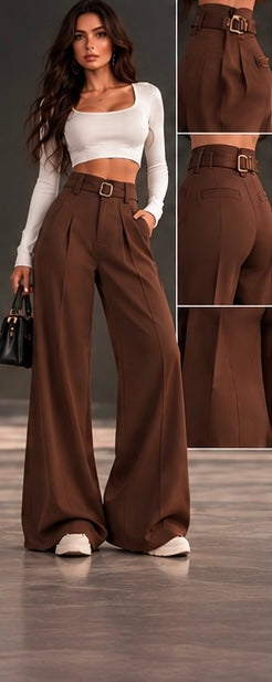 Pantalon Clara marron, porté de face avec vues de détail