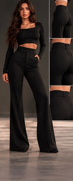 Pantalon Évasé noir, porté de face avec vues de détail
