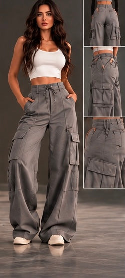Pantalon Cargo luxe gris, porté de face avec vues de détail
