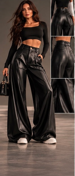 Pantalon Simili cuir noir, porté de face avec vues de détail
