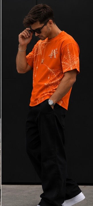 T-shirt Spider orange IA ROYALE : porté de trois quarts