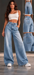 Jean Wide Leg bleu clair, porté de face avec vues de détail